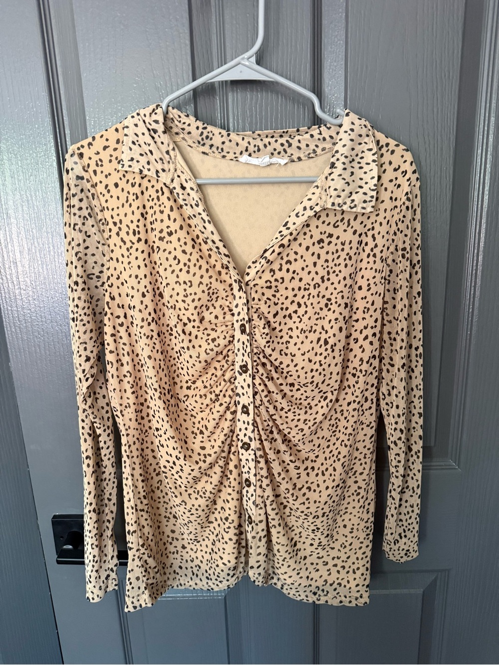 Jane and Delancey Beige Animal-Print Ruched Button Front Blouse